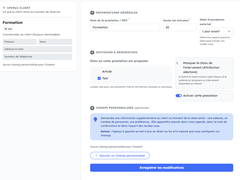 Configuration d'une prestation