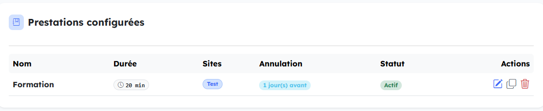Liste des prestations